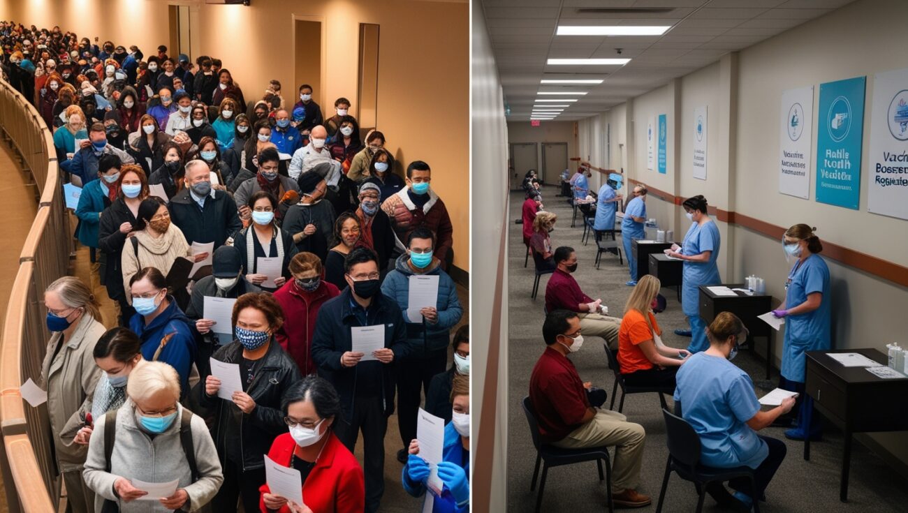 People waiting for initial Covid-19 vaccine shots and an empty booster vaccination center.