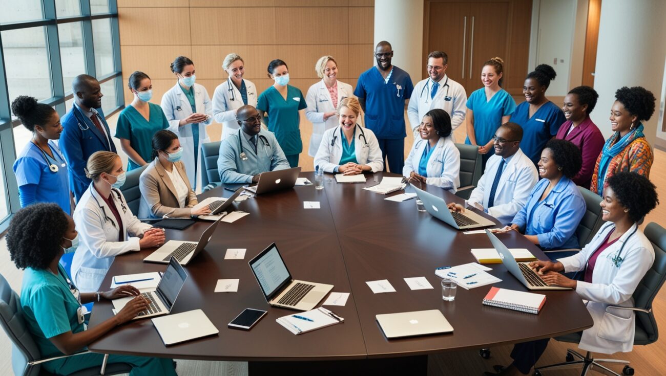 Healthcare professionals discussing strategies to improve Covid booster vaccine uptake.