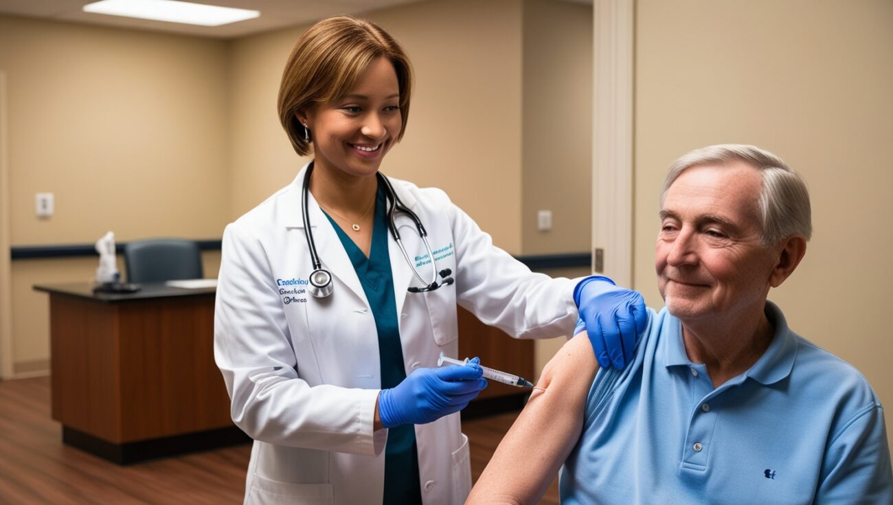 Healthcare worker giving a Covid booster vaccine to a patient.