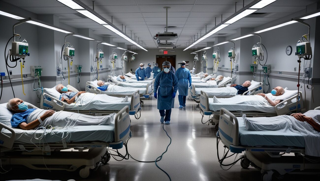 Hospital ICU with Covid-19 patients, showing the impact of low booster uptake.