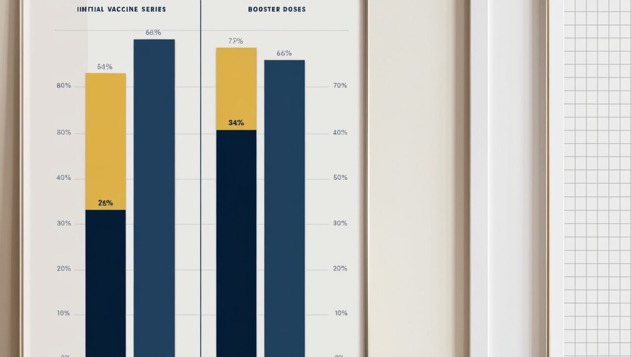 Bar graph comparing initial Covid-19 vaccine uptake to booster dose uptake in the U.S.