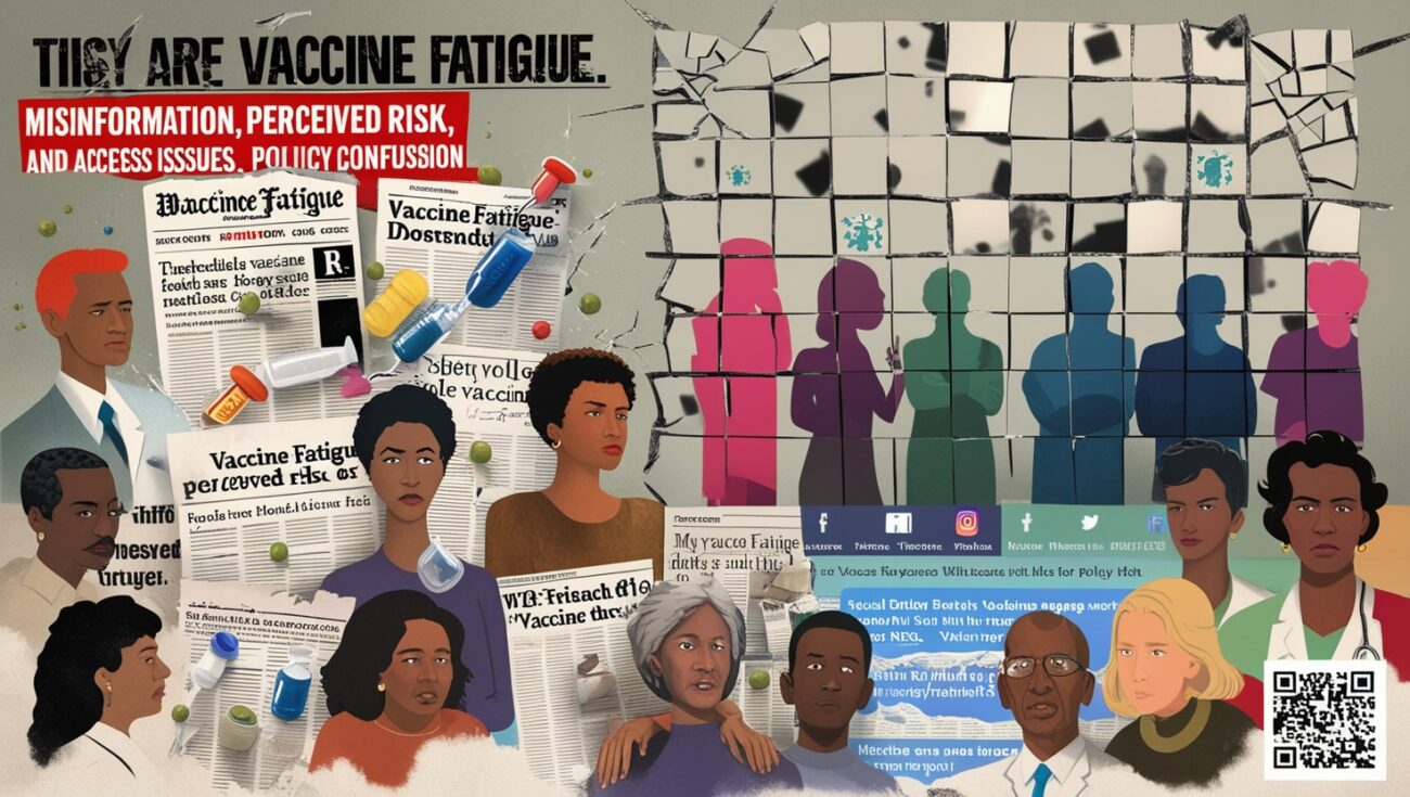 Collage showing factors like vaccine fatigue, misinformation, perceived risk, access issues, and policy confusion.
