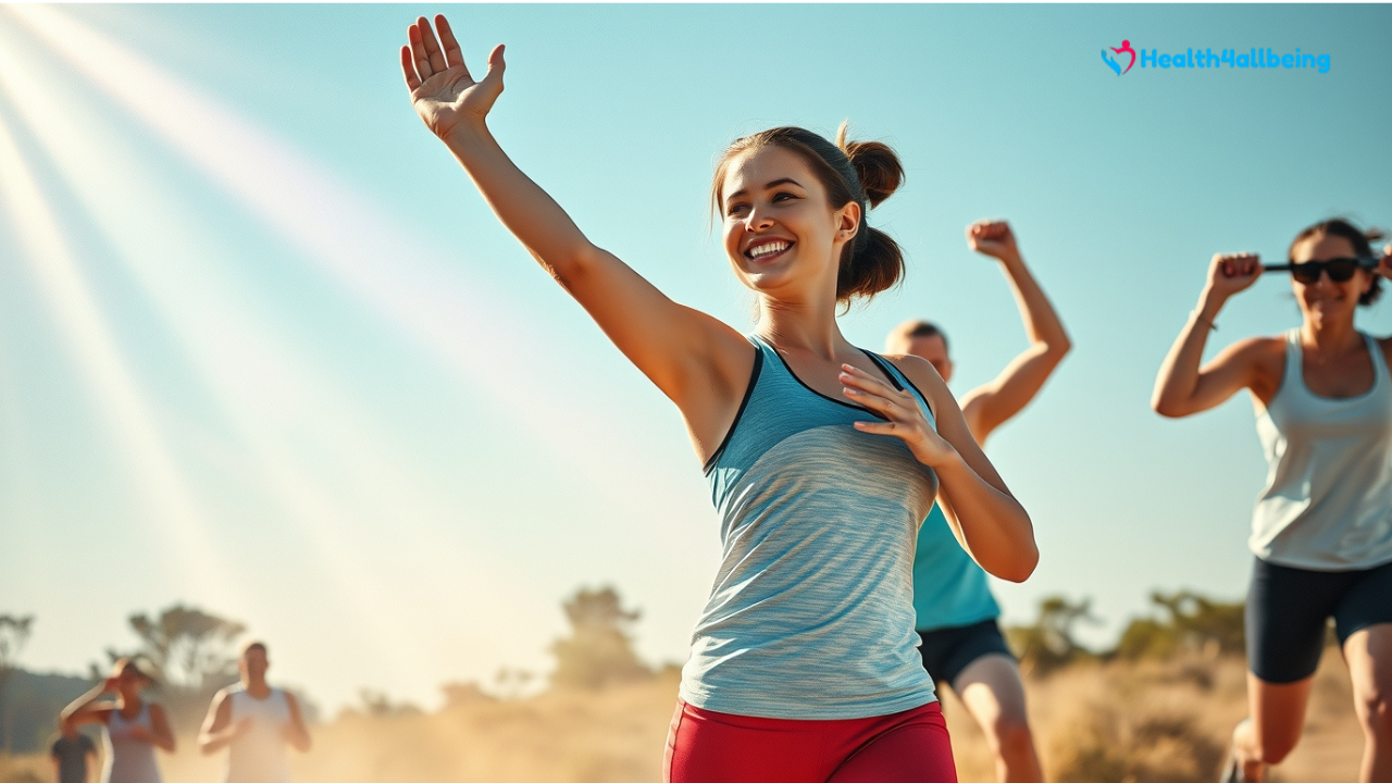 People exercising outdoors, including yoga, running, and weightlifting, promoting the health benefits of fitness and exercise