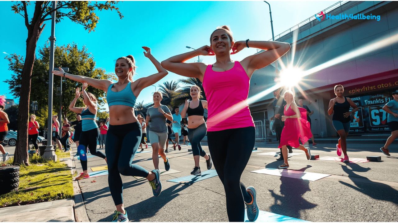 People exercising outdoors, including yoga, running, and weightlifting, promoting the health benefits of fitness and exercise