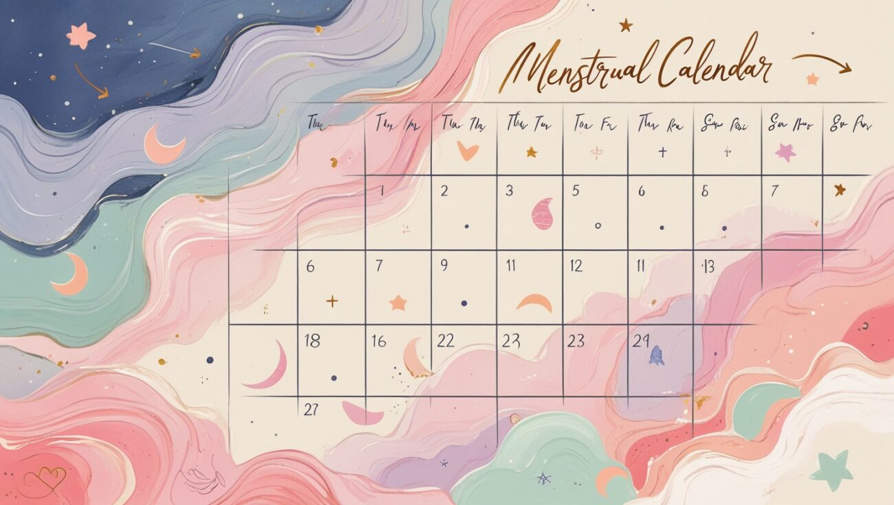 Menstrual cycle calendar highlighting irregular periods and tracking symptoms