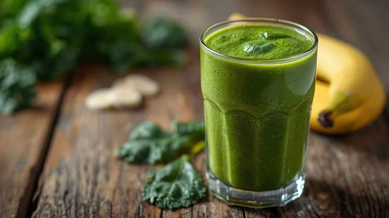 Green detox smoothie with kale, spinach, and bananas, inspired by Lizzo’s breakfast.
