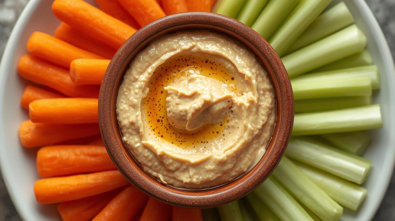Hummus with carrot and celery sticks, healthy snack from Lizzo’s weight loss diet.