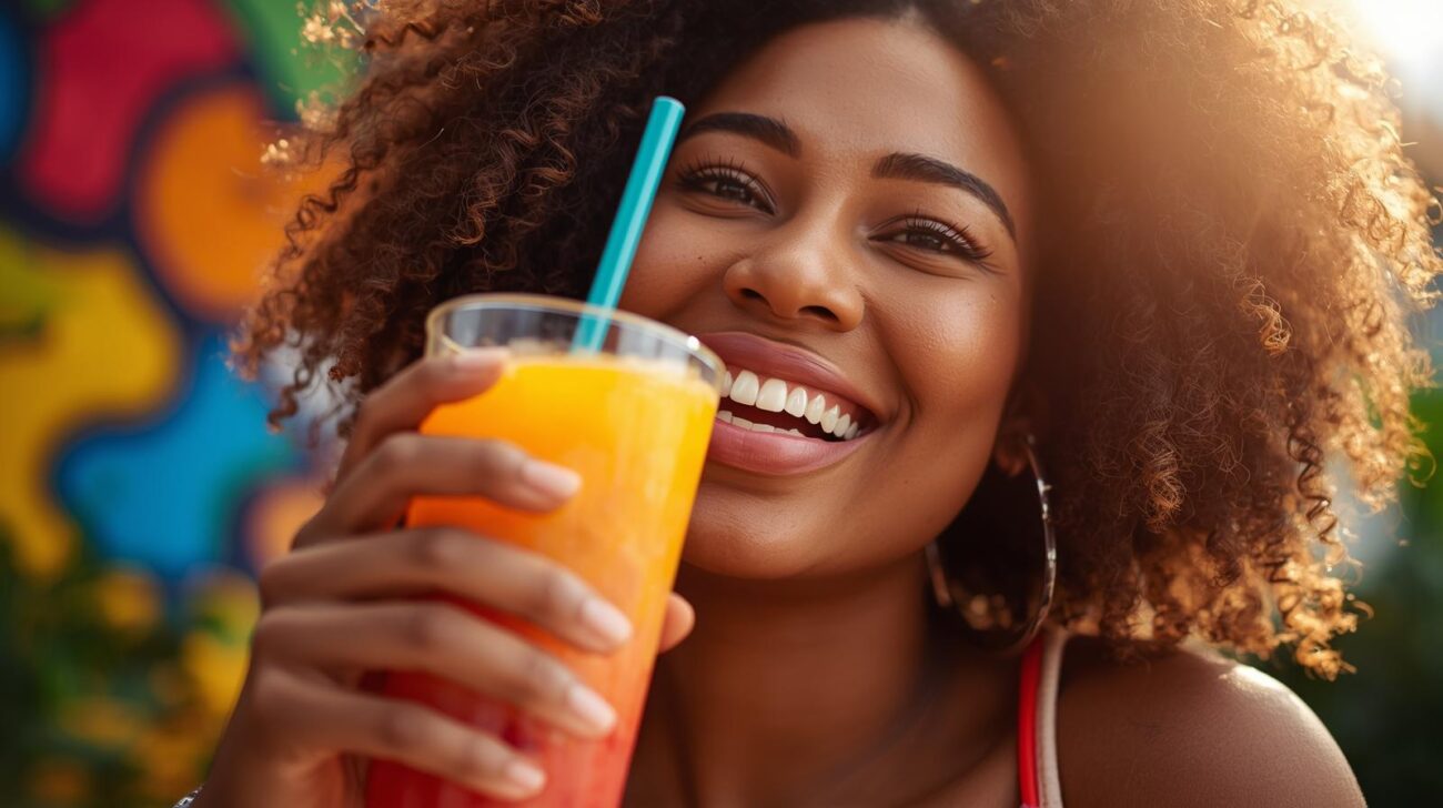 Lizzo smiling with a smoothie, representing her weight loss and plant-based lifestyle.