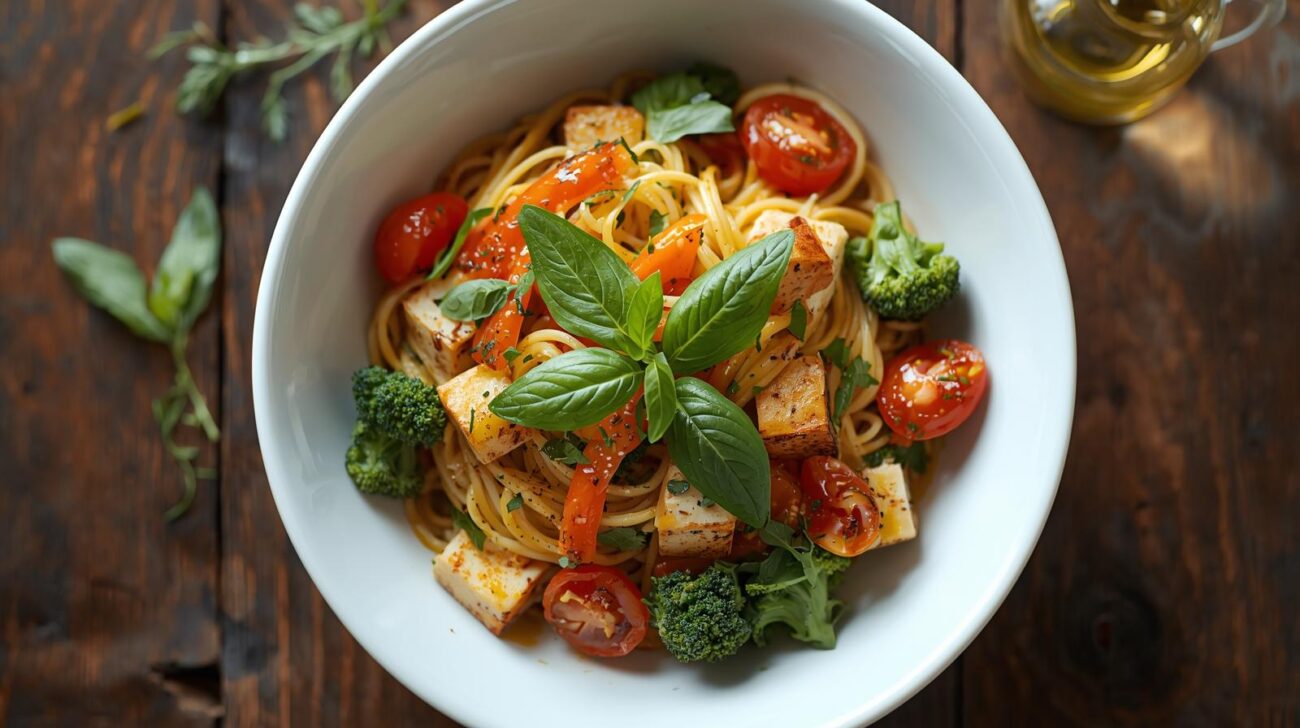 Vegan pasta with tofu and vegetables, part of Lizzo’s dinner diet.