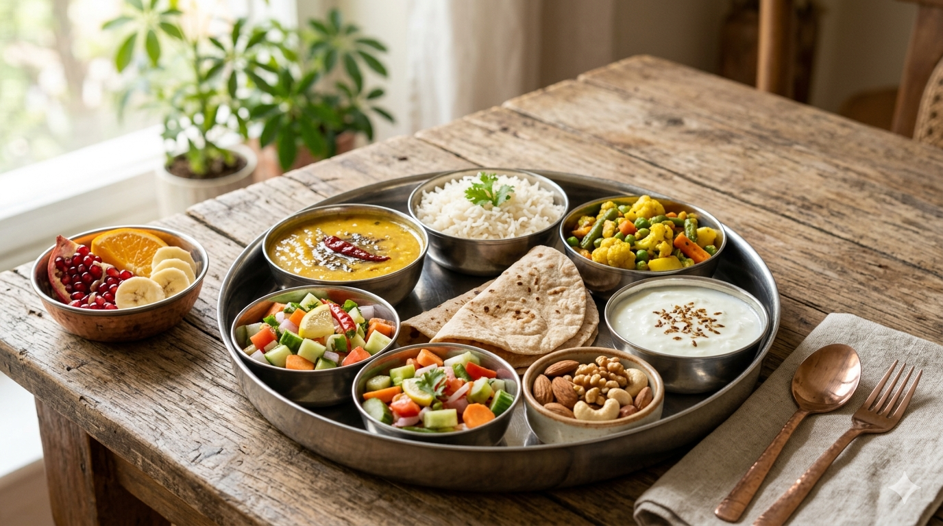 संतुलित आहार की भारतीय थाली जिसमें रोटी, दाल, सब्ज़ी, चावल, दही, सलाद और फल शामिल हैं